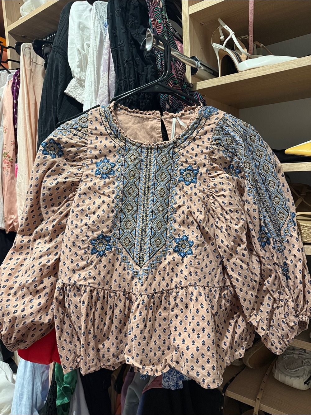 Anthropologie peasant printed peplum embroidered cotton top puffy sleeves - Picture 4 of 5